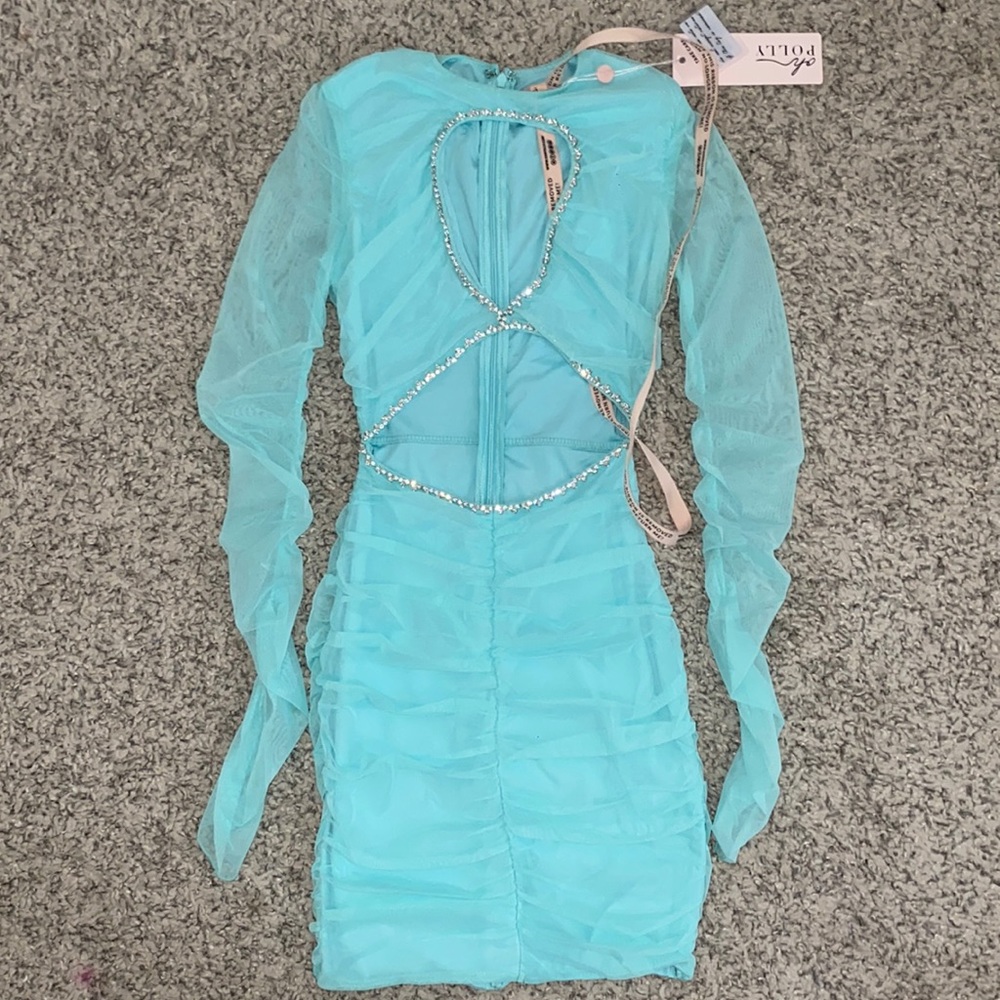 Oh Polly NARA
Long Sleeve Petite Cut Out Mini Dress in Aqua *NEW WITH TAG*